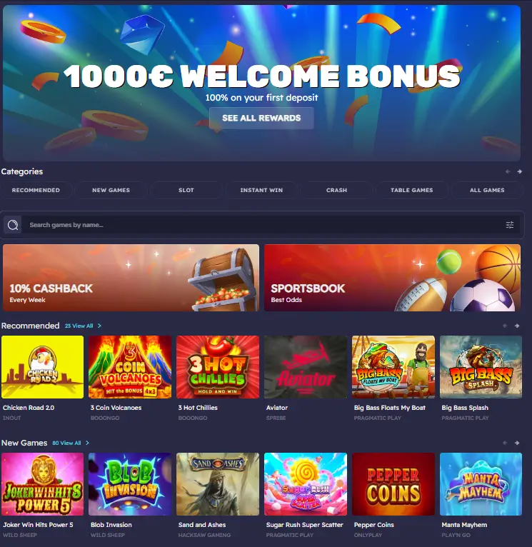 Casino Peaches online casino homepage with slots and sportsbook